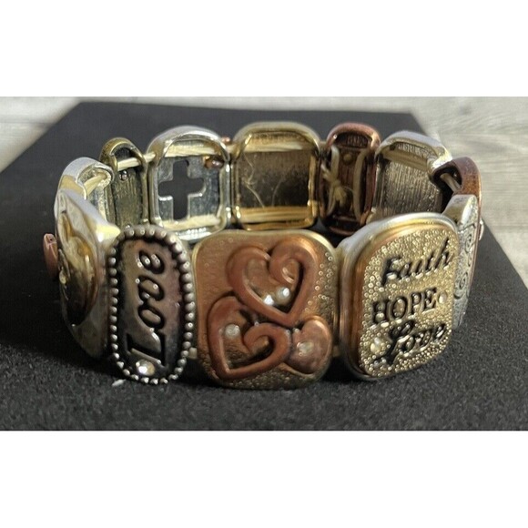 Mixed Metal Spiritual Faith Hope Love Hearts Christian Stretch Bracelet 8" - Picture 6 of 9